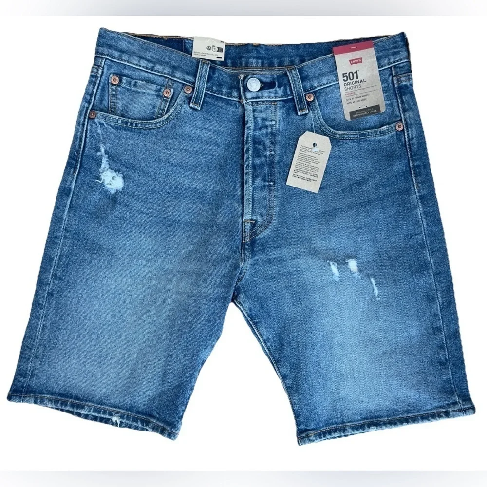 NWT Levi’s 501 Shorts Stretch Ripped Distressed Button Fly sz 30 8.75” rise New